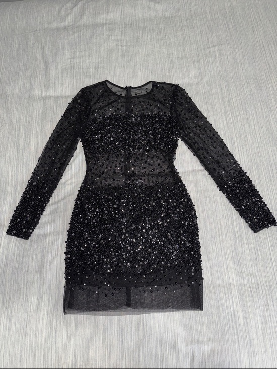 No Label Dresses & Skirts - Black Beaded Sheer Mesh Long-Sleeve Mesh Mini Cocktail Dress